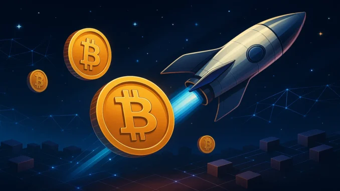 Illustration showing SpaceX-related Bitcoin transfers with spacecraft and on-chain movement visuals.