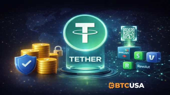 Cinematic illustration of the Tether stablecoin ecosystem with a calm dark background symbolizing global stablecoin-powered payments and financial infrastructure.