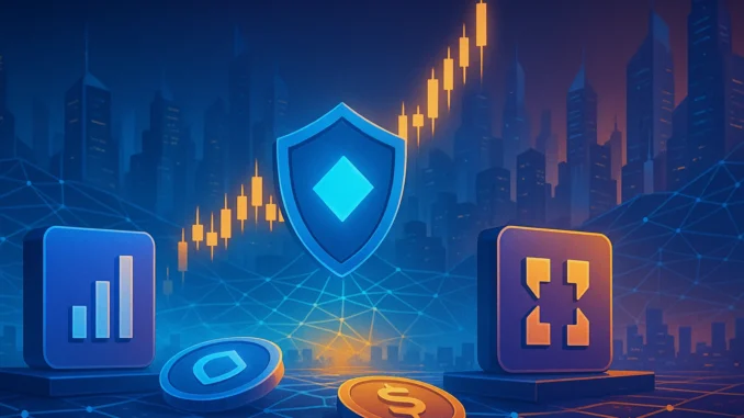 Illustration showing TokenInsight Q3 2025 exchange performance with charts, shields, and digital asset icons.