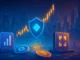 Illustration showing TokenInsight Q3 2025 exchange performance with charts, shields, and digital asset icons.