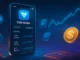 Illustration depicting a TON wallet interface with stock icons, representing tokenized equities on blockchain.