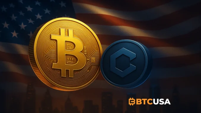 Illustration depicting Trump-linked media initiatives interacting with Bitcoin and the Cronos ecosystem.