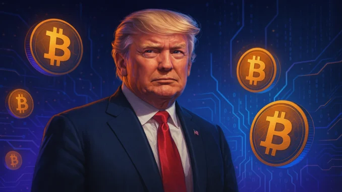 Illustration showing Donald Trump alongside Bitcoin imagery referencing Satoshi Nakamoto narrative.