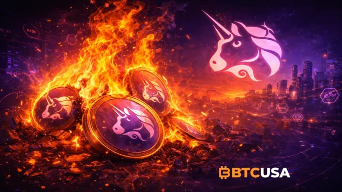 Uniswap-themed illustration with burning token imagery, representing token burn mechanisms and supply reduction.