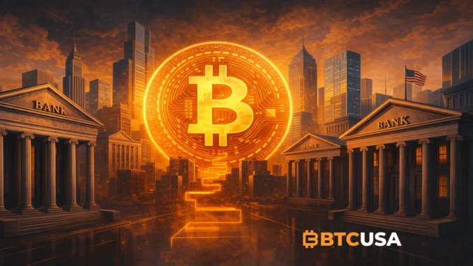 Bitcoin symbol integrated into the US banking system, representing growing adoption of Bitcoin by American financial institutions.