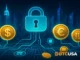 Illustration representing US markets and blockchain migration, with digital locks, network nodes, and symbols of financial infrastructure transition