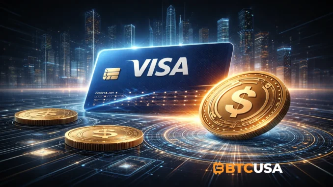 Visa-powered stablecoin infrastructure illustration showing digital payments, blockchain settlement, and global financial connectivity.