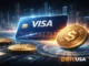 Visa-powered stablecoin infrastructure illustration showing digital payments, blockchain settlement, and global financial connectivity.
