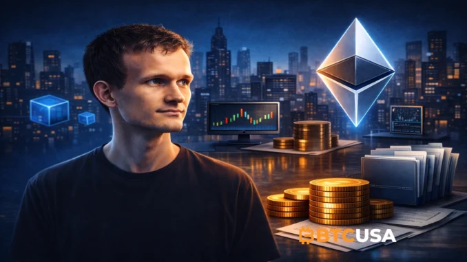 Cinematic portrait-style illustration of Vitalik Buterin representing Ethereum’s evolution toward a scalable, decentralized world computer with a calm, minimal tech background.