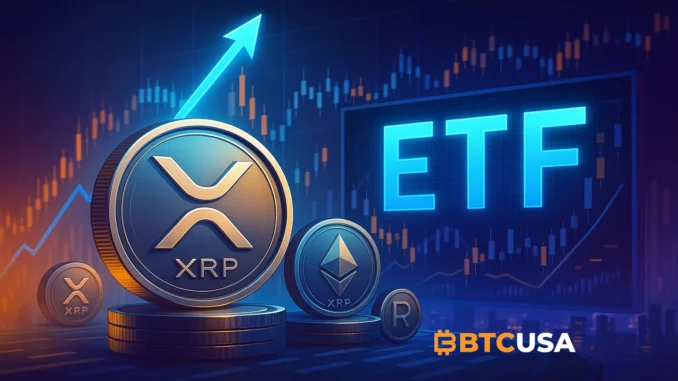 Illustration depicting the launch of a spot XRP ETF and growing institutional interest in XRP.