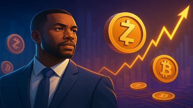 Illustration showing Arthur Hayes with Zcash and upward price movement symbolism.