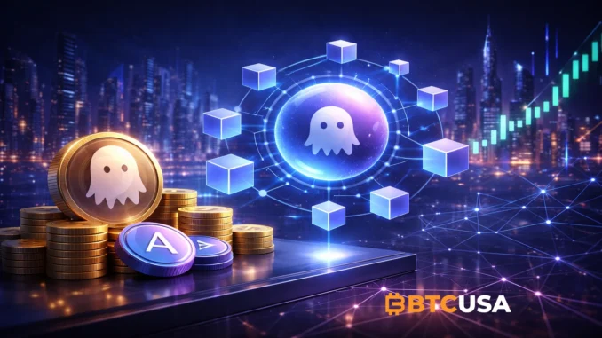 Aave blockchain network visualization with glowing AAVE token coin, interconnected cubes, and DeFi finance concept in futuristic blue-purple cityscape