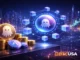 Aave blockchain network visualization with glowing AAVE token coin, interconnected cubes, and DeFi finance concept in futuristic blue-purple cityscape