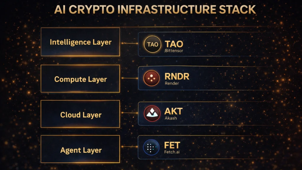 AI crypto infrastructure stack showing TAO intelligence layer, RNDR compute, AKT cloud and FET agent layers