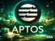 Aptos blockchain APT token logo in futuristic digital network environment