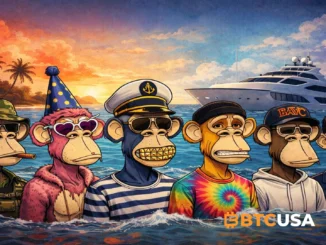Bored Ape Yacht Club style NFT characters standing in ocean water near luxury yacht at tropical sunset, representing iconic NFT collection and digital collectibles culture
