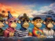 Bored Ape Yacht Club style NFT characters standing in ocean water near luxury yacht at tropical sunset, representing iconic NFT collection and digital collectibles culture