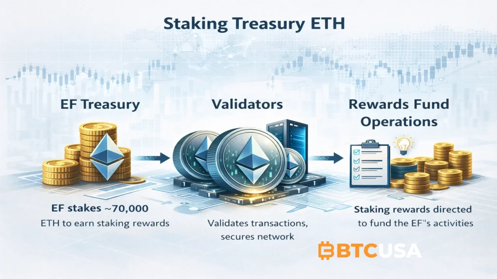 Diagram showing Ethereum Foundation staking treasury ETH into validators and directing rewards to fund operations