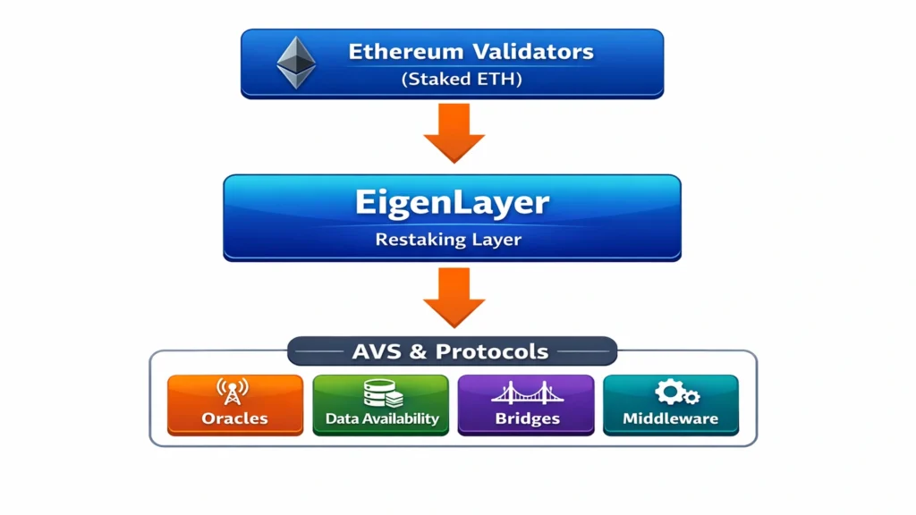 Ethereum restaking architecture showing EigenLayer shared security across multiple protocols