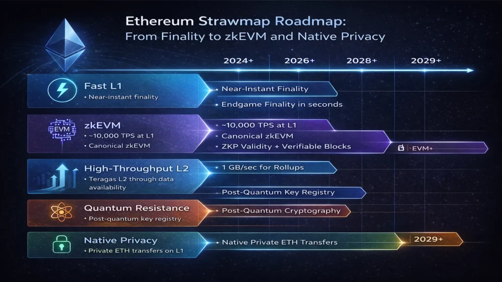 Ethereum Strawmap roadmap showing fast finality, zkEVM scaling, L2 throughput, quantum resistance, and native privacy milestones through 2029
