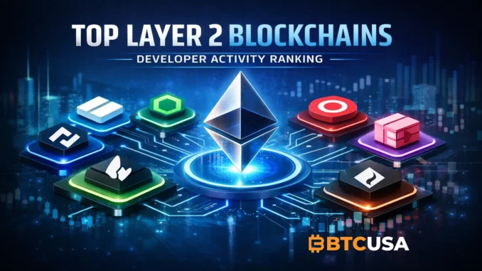 Layer 2 blockchain ecosystem visualization showing multiple scaling networks connected to Ethereum, representing developer activity, rollups, and on-chain infrastructure growth across the L2 landscape.