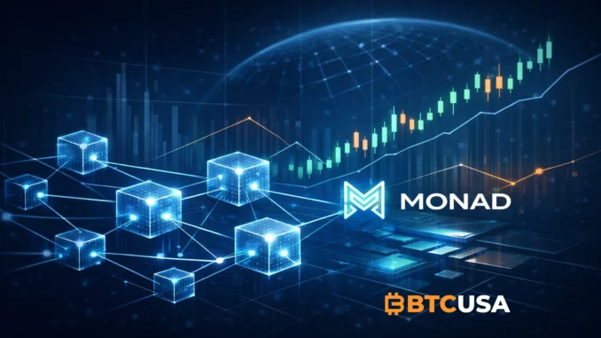 Futuristic Layer 1 blockchain network visual representing Monad ecosystem growth within a long-term Monad price prediction framework