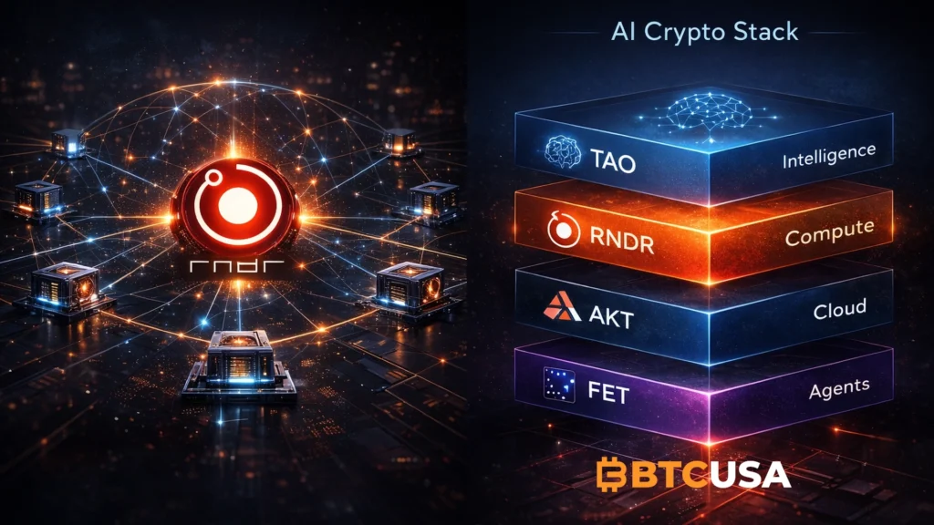 AI crypto stack showing TAO intelligence layer, RNDR compute, AKT cloud, and FET agents