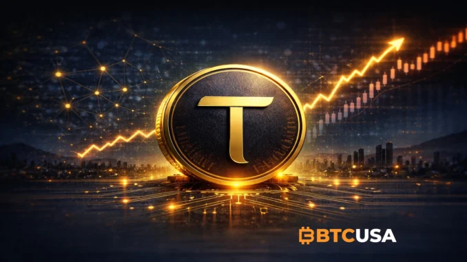 Metallic Bittensor TAO logo coin with neural network background and rising market chart