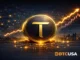 Metallic Bittensor TAO logo coin with neural network background and rising market chart