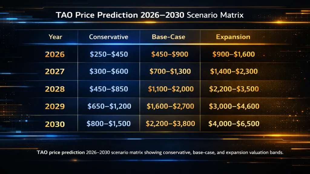 Bittensor TAO price prediction 2026–2030 scenario matrix showing conservative, base case, and expansion price ranges by year