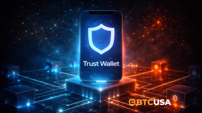 Trust Wallet crypto wallet app interface with blockchain network background