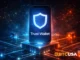 Trust Wallet crypto wallet app interface with blockchain network background