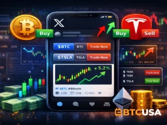 Social media interface on smartphone displaying integrated crypto and stock trading within a social feed, representing X Smart Cashtags financial functionality