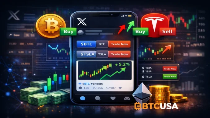 Social media interface on smartphone displaying integrated crypto and stock trading within a social feed, representing X Smart Cashtags financial functionality