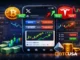 Social media interface on smartphone displaying integrated crypto and stock trading within a social feed, representing X Smart Cashtags financial functionality