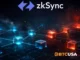zkSync blockchain network with interconnected blocks and zkSync logo