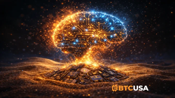 AI brain made of silicon circuitry rising from sand, symbolizing Marc Andreessen’s idea of artificial intelligence turning silicon into intelligence and driving a new productivity revolution.
