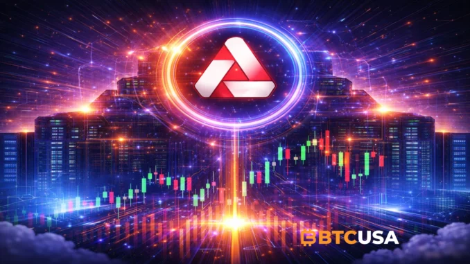 Akash Network decentralized cloud infrastructure with AKT symbol above futuristic data centers and rising candlestick chart representing AKT price prediction and crypto market growth
