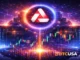 Akash Network decentralized cloud infrastructure with AKT symbol above futuristic data centers and rising candlestick chart representing AKT price prediction and crypto market growth