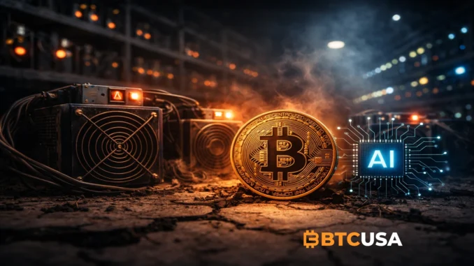 Cinematic illustration of Bitcoin mining machines under pressure beside a glowing BTC coin and an illuminated AI chip, symbolizing the post-halving squeeze and the mining industry’s growing pivot toward AI infrastructure.
