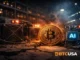 Cinematic illustration of Bitcoin mining machines under pressure beside a glowing BTC coin and an illuminated AI chip, symbolizing the post-halving squeeze and the mining industry’s growing pivot toward AI infrastructure.