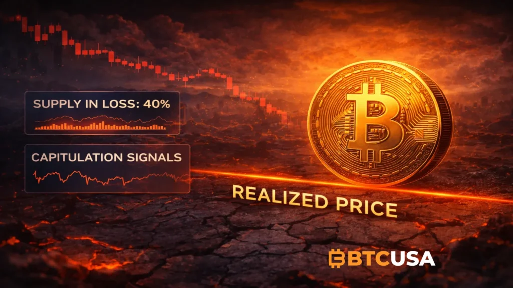 Cinematic illustration of Bitcoin approaching realized price support with bearish market pressure, red candlesticks and rising supply in loss indicating early capitulation zone