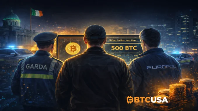 Cinematic illustration of Irish authorities and Europol agents analyzing a Bitcoin wallet recovery, with police vehicles, city backdrop, and glowing BTC elements symbolizing the seizure of previously inaccessible cryptocurrency assets.