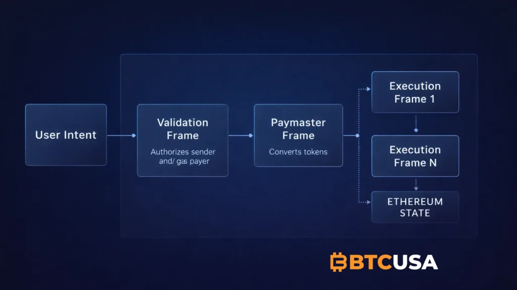 Ethereum account abstraction EIP-8141 frame transaction flow with validation, paymaster and execution layers