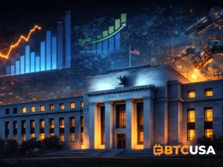 Federal Reserve building at night with glowing economic charts and robotic automation systems in the background, symbolizing the Fed Beige Book report, economic growth trends, inflation pressures, and rising AI adoption in the U.S. economy.