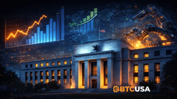 Federal Reserve building at night with glowing economic charts and robotic automation systems in the background, symbolizing the Fed Beige Book report, economic growth trends, inflation pressures, and rising AI adoption in the U.S. economy.