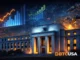 Federal Reserve building at night with glowing economic charts and robotic automation systems in the background, symbolizing the Fed Beige Book report, economic growth trends, inflation pressures, and rising AI adoption in the U.S. economy.