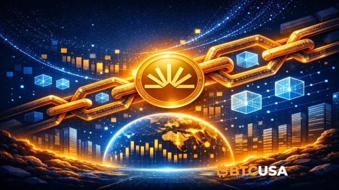 Sahara AI blockchain infrastructure visualized as a glowing golden Sahara AI logo coin connected to a futuristic blockchain chain above a digital Earth with data grids and floating cubes, representing decentralized AI agents and global AI networks.