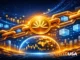 Sahara AI blockchain infrastructure visualized as a glowing golden Sahara AI logo coin connected to a futuristic blockchain chain above a digital Earth with data grids and floating cubes, representing decentralized AI agents and global AI networks.