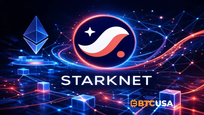 Cinematic Starknet Layer 2 illustration showing the Starknet logo in a futuristic network environment with glowing blockchain elements.